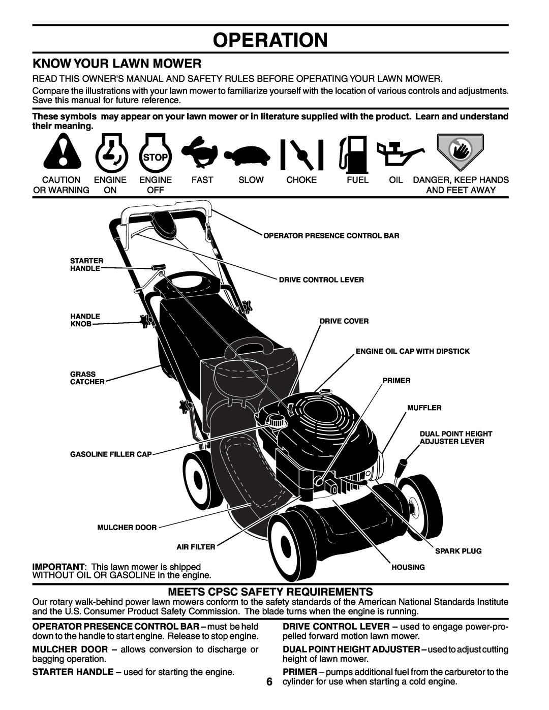 Husqvarna 917.37594 owner manual Operation, Know Your Lawn Mower, Meets Cpsc Safety Requirements 