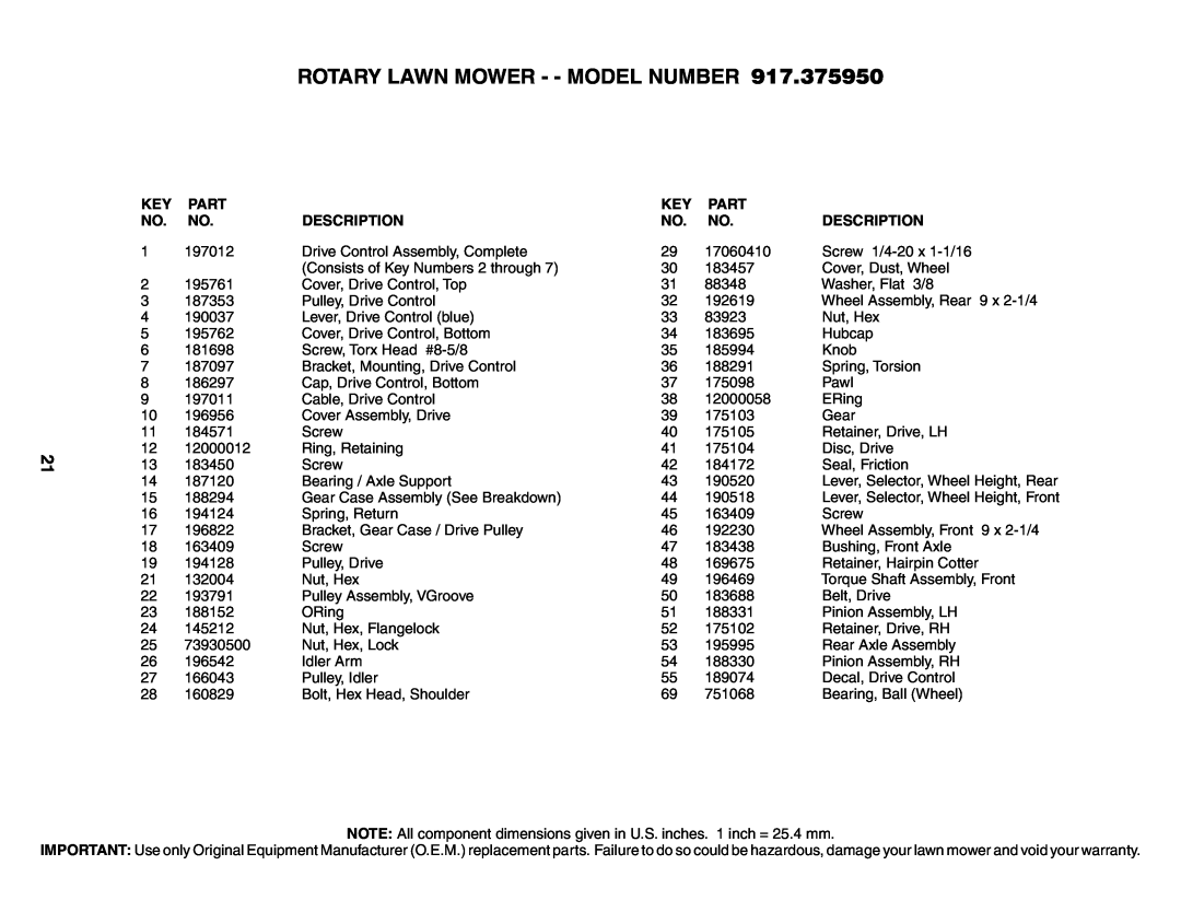 Husqvarna 917.37595 owner manual Rotary Lawn Mower - - Model Number, Part, Description 