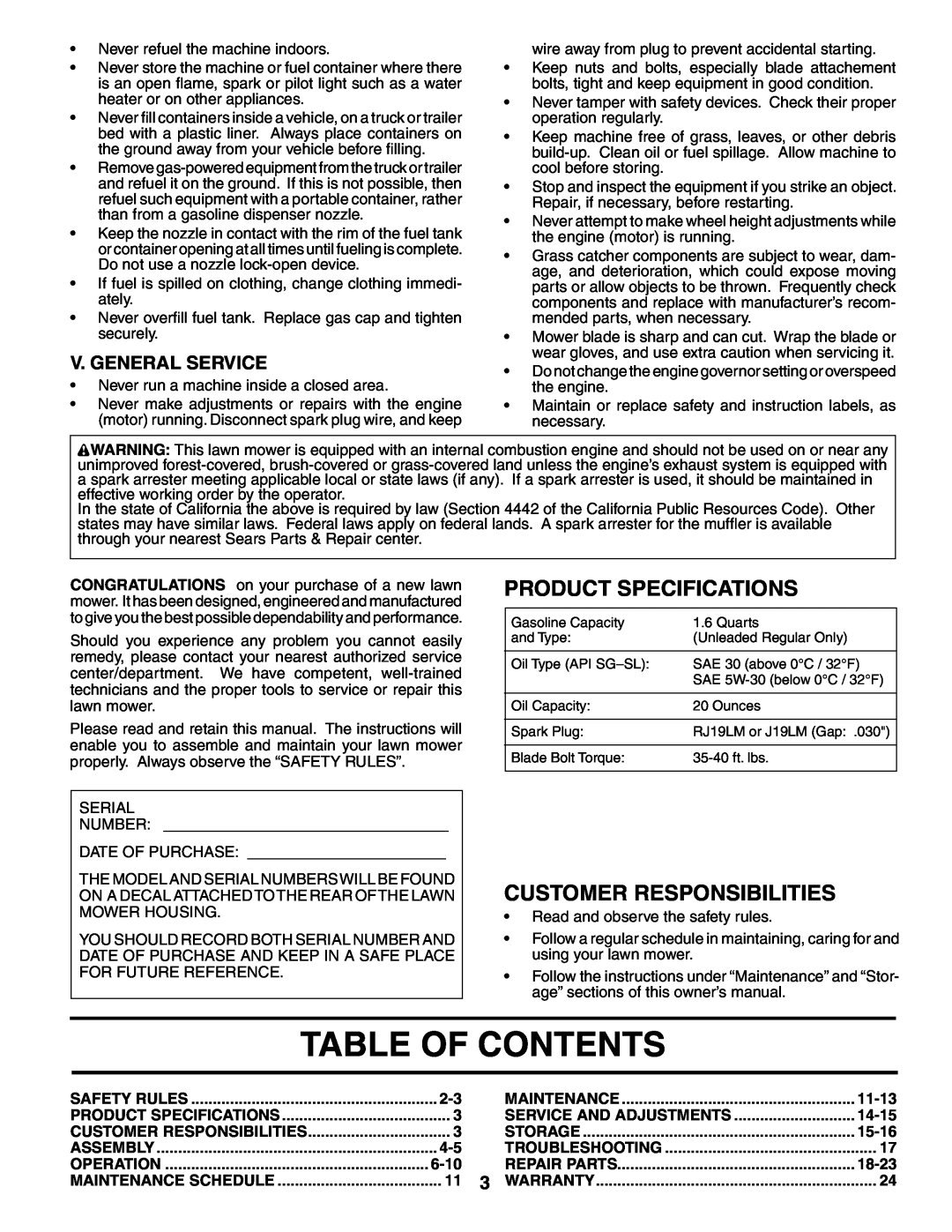 Husqvarna 917.37595 Table Of Contents, Product Specifications, Customer Responsibilities, V. General Service, 6-10, 11-13 