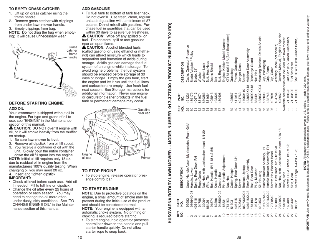 Husqvarna 917.37723 owner manual Before Starting Engine, To Stop Engine, To Start Engine 