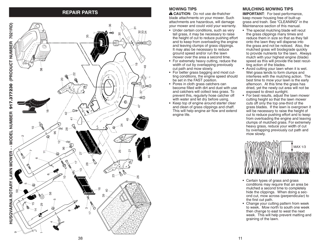 Husqvarna 917.37723 Repair Parts, Mowing Tips Mulching Mowing Tips, Product Number, Mower Lawn Rotary Husqvarna 