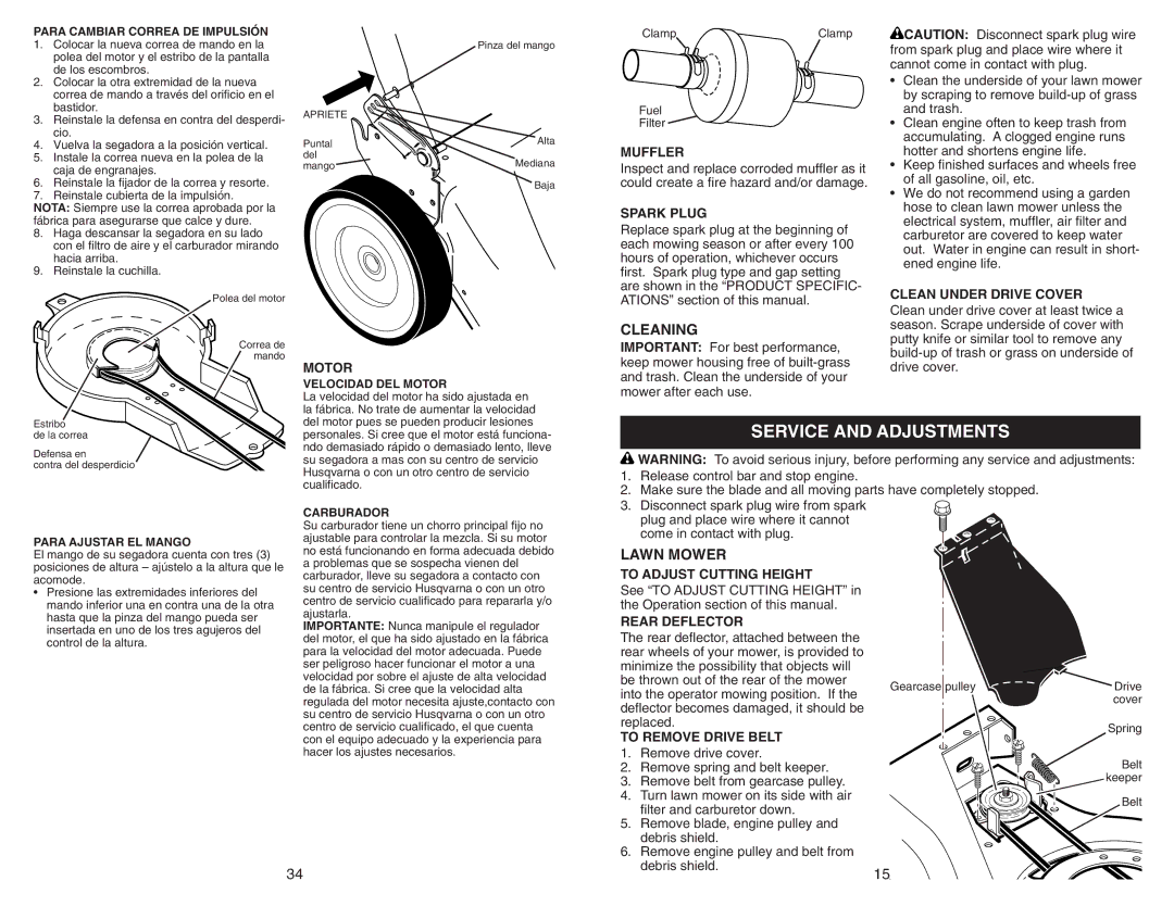 Husqvarna 917.37723 owner manual Service and Adjustments, Cleaning 