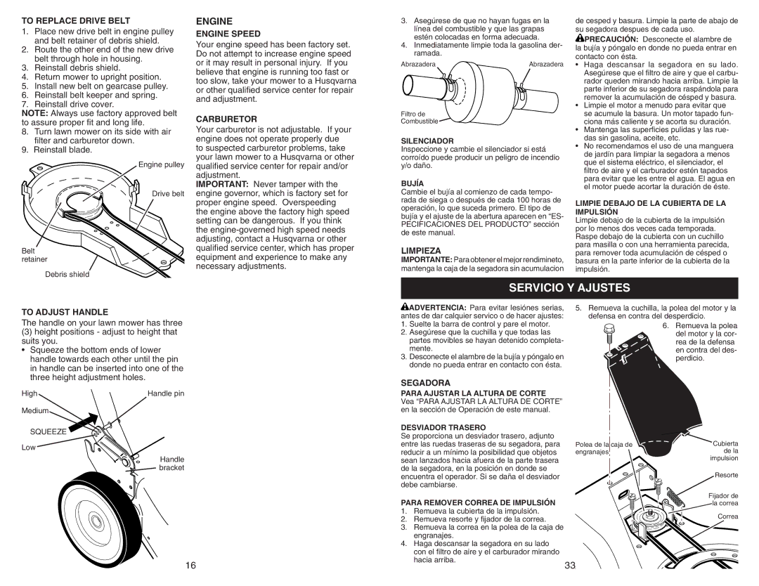 Husqvarna 917.37723 owner manual Servicio Y Ajustes, To Replace Drive Belt, Carburetor, Limpieza, To Adjust Handle 