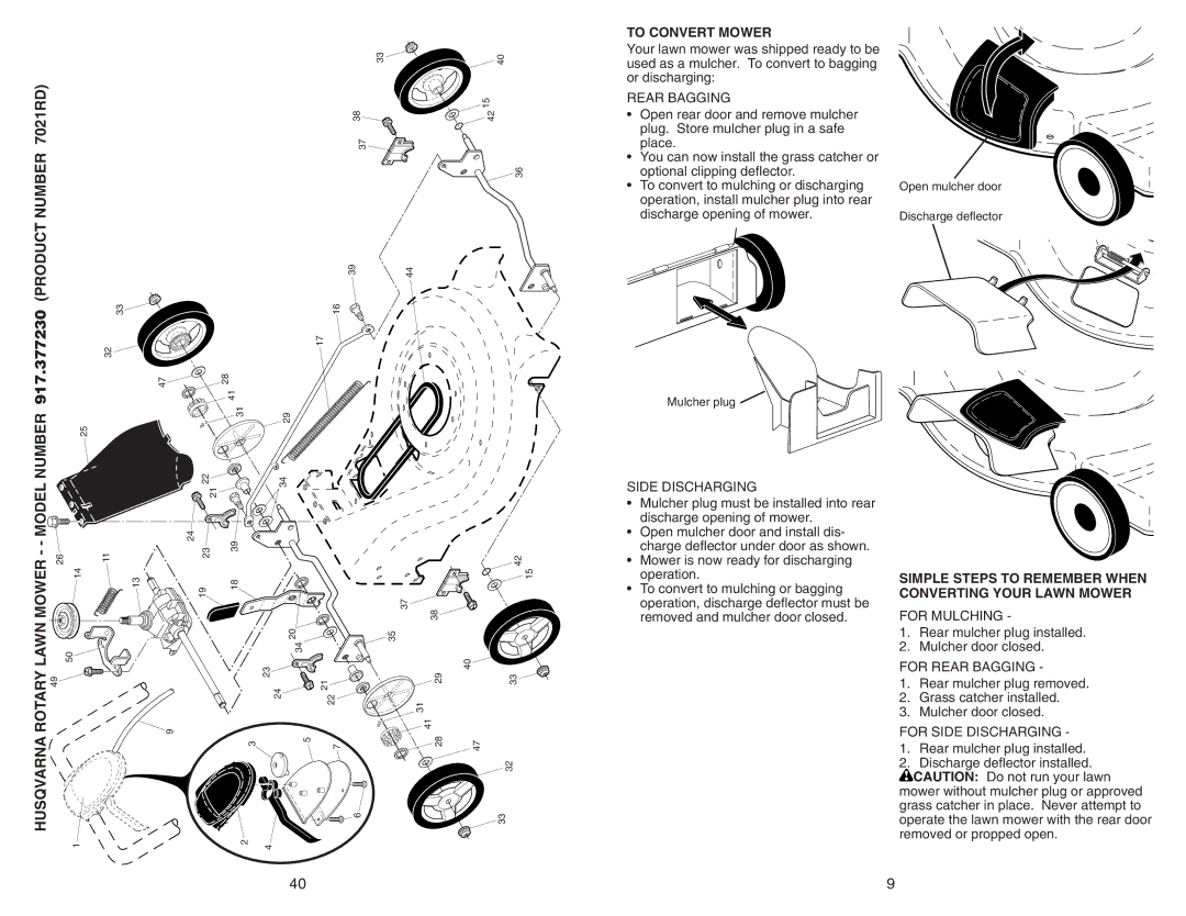 Husqvarna 917.37723 owner manual Product Number 7021RD, To Convert Mower, Husqvarna Rotary Lawn Mower - Model Number 