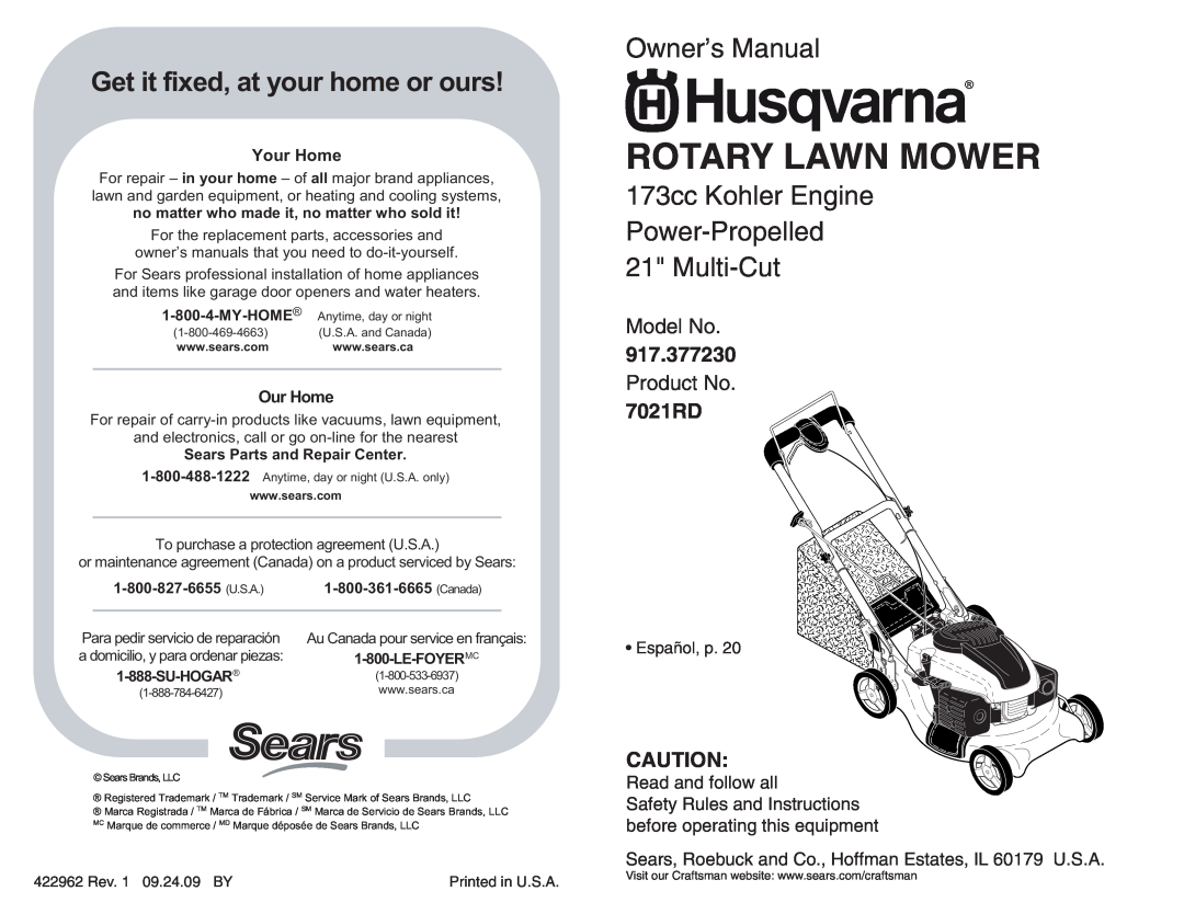 Husqvarna owner manual Rotary Lawn Mower, Get it fixed, at your home or ours, Model No, 917.377230, Product No, 7021RD 