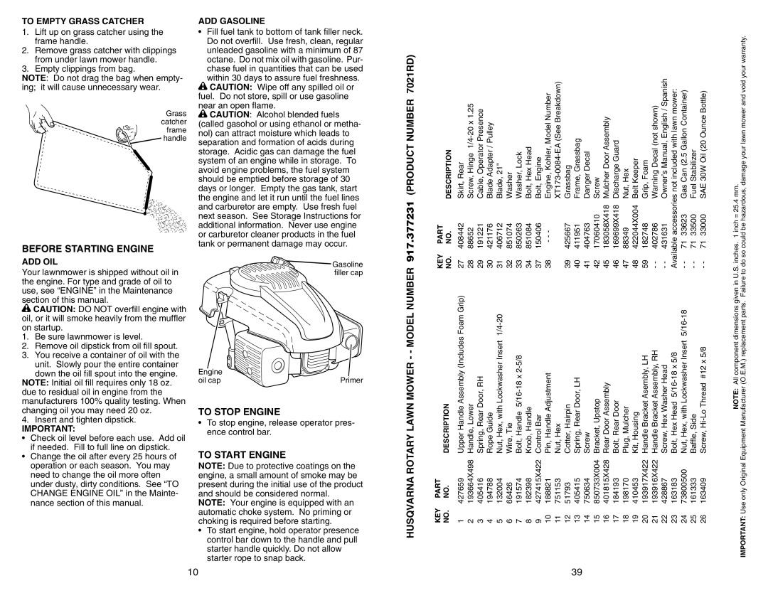 Husqvarna 917.377231 owner manual Before Starting Engine, To Stop Engine, To Start Engine 