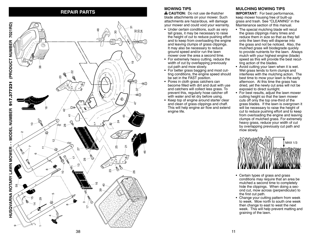 Husqvarna 917.377231 Repair Parts, Mowing Tips Mulching Mowing Tips, Product Number, Mower Rotary Lawn Husqvarna 