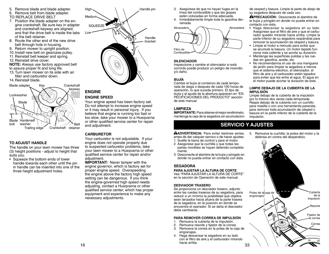 Husqvarna 917.377231 owner manual Servicio Y Ajustes, To Replace Drive Belt, Limpieza, To Adjust Handle, Carburetor 