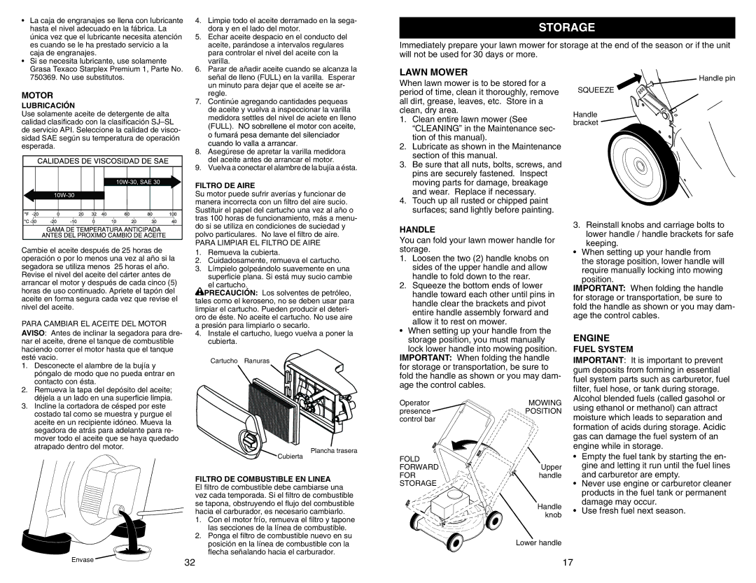 Husqvarna 917.377231 Storage, Handle, You can fold your lawn mower handle for storage, Allow it to rest on mower 