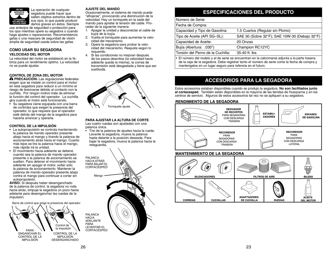 Husqvarna 917.377231 owner manual Especificaciones DEL Producto, Accesorios Para LA Segadora, Como Usar SU Segadora 