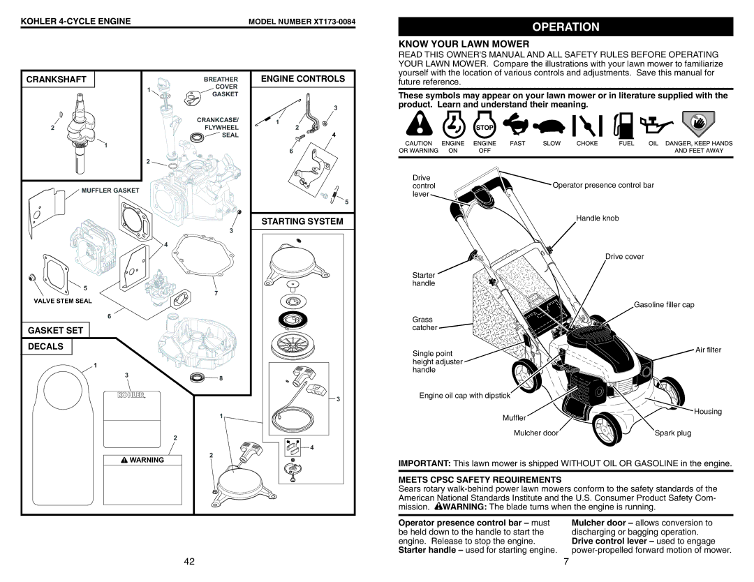 Husqvarna 917.377231 owner manual Operation, Know Your Lawn Mower 