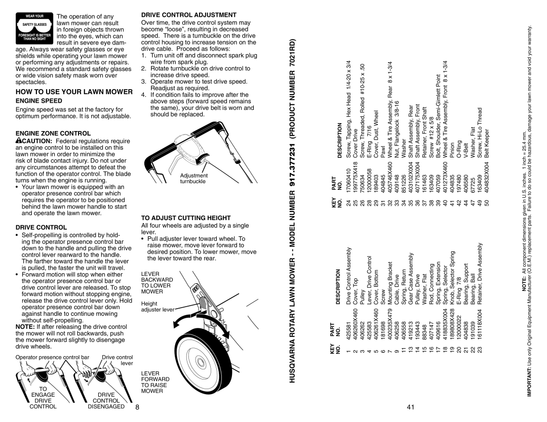 Husqvarna owner manual HOW to USE Your Lawn Mower, NUMBER917.377231 Product Number 7021RD, Lawn Mower - Model, Rotary 