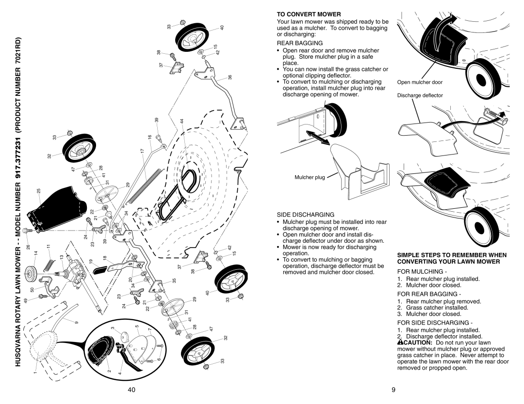 Husqvarna owner manual Number 917.377231 Product Number 7021RD, Husqvarna Rotary Lawn Mower - Model, To Convert Mower 