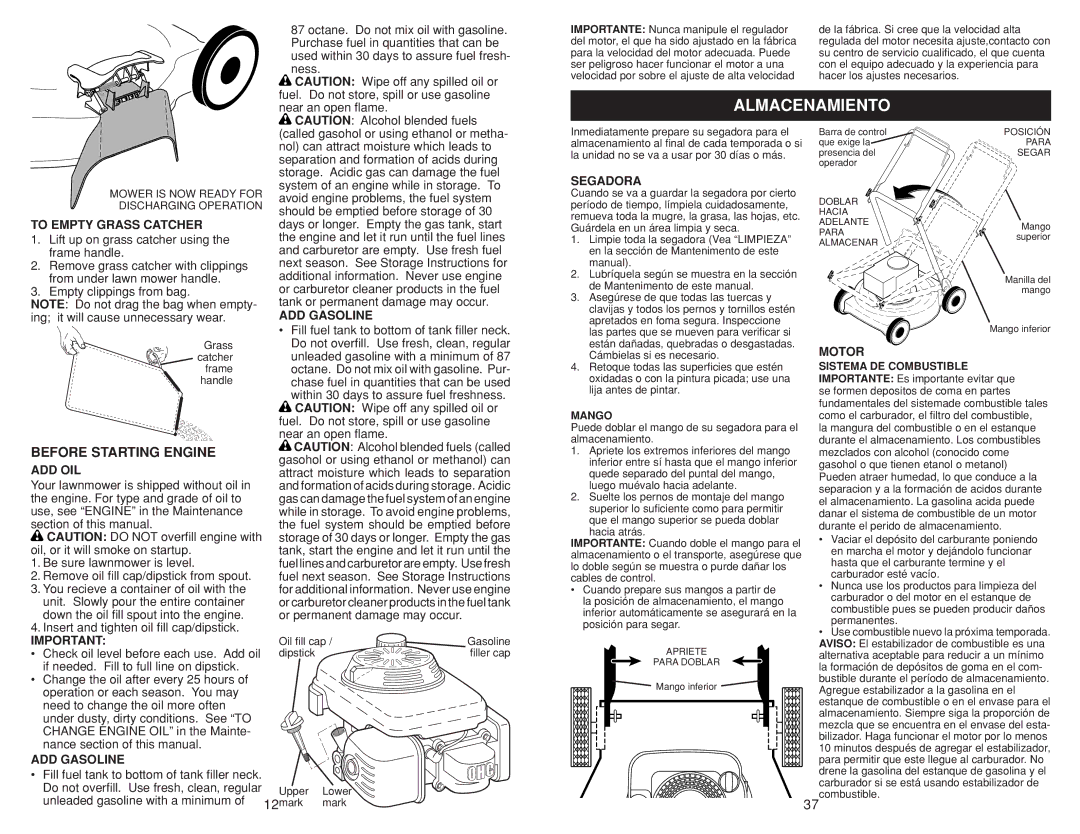 Husqvarna 917.384507 owner manual Almacenamiento, Before Starting Engine 