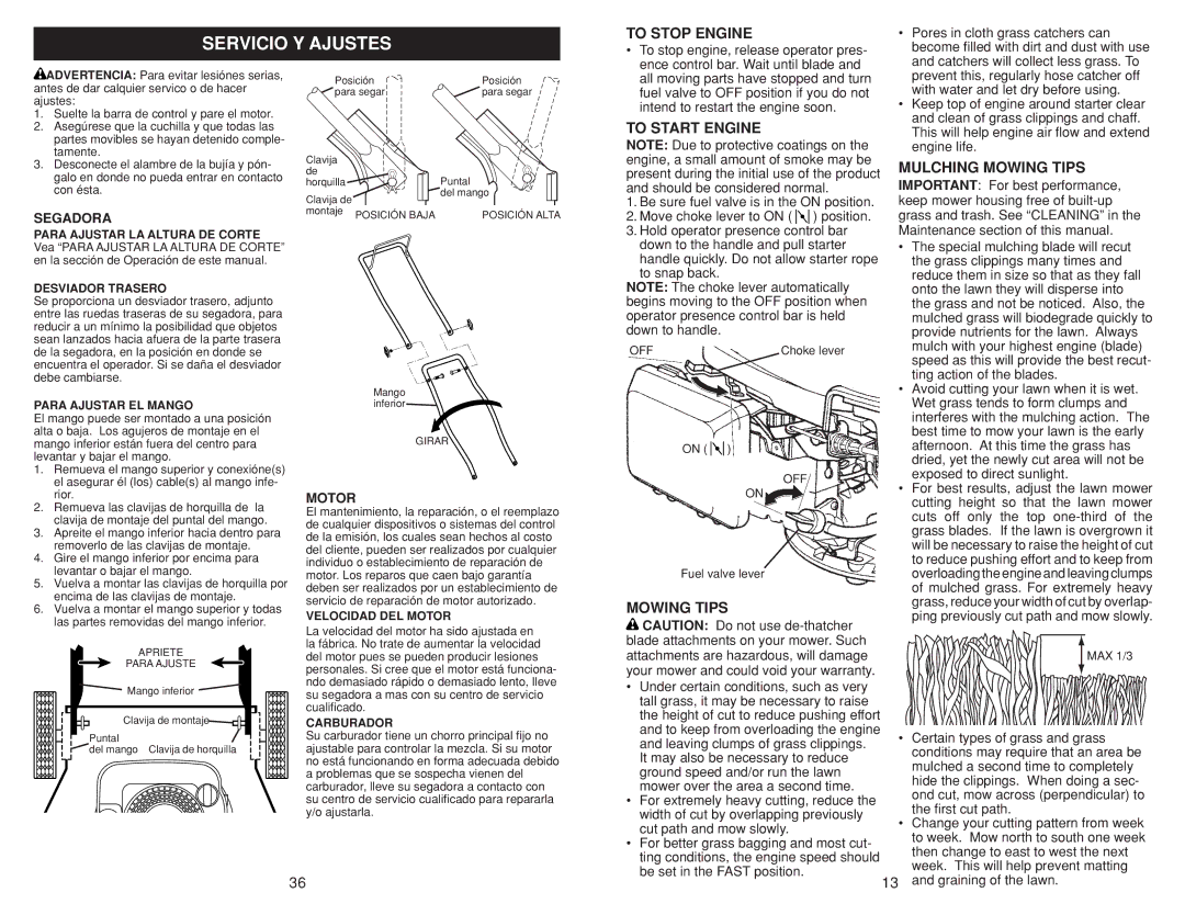 Husqvarna 917.384507 owner manual Servicio Y Ajustes, To Stop Engine, To Start Engine, Mulching Mowing Tips 