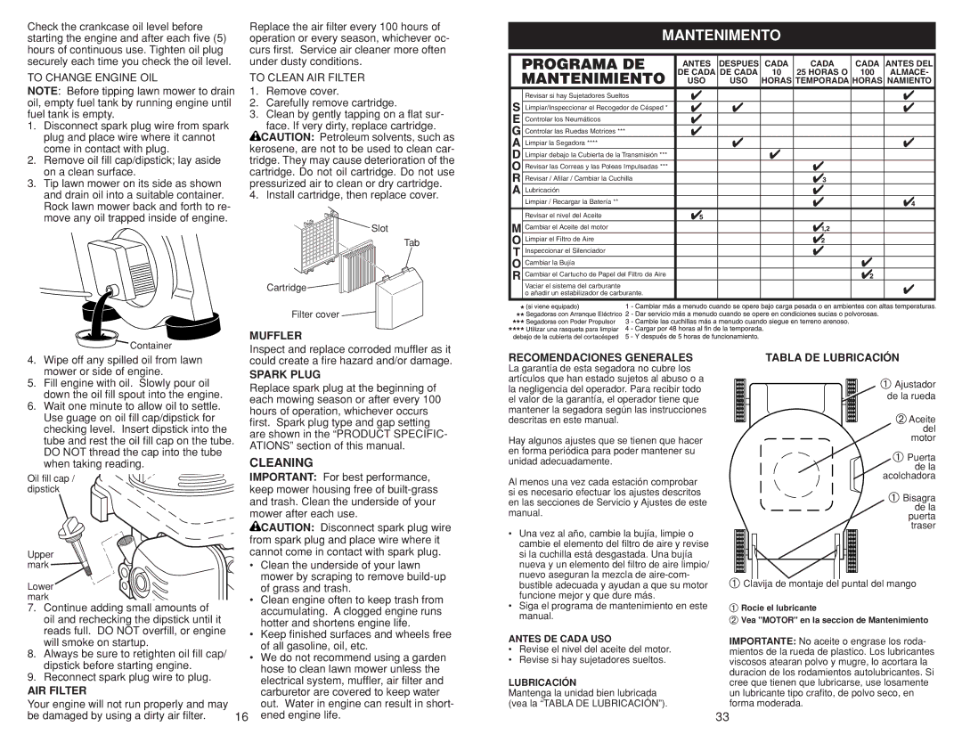 Husqvarna 917.384507 owner manual Mantenimento, Cleaning 