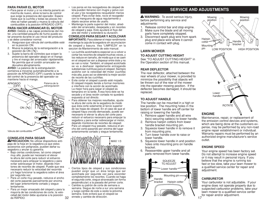 Husqvarna 917.384507 owner manual Service and Adjustments 