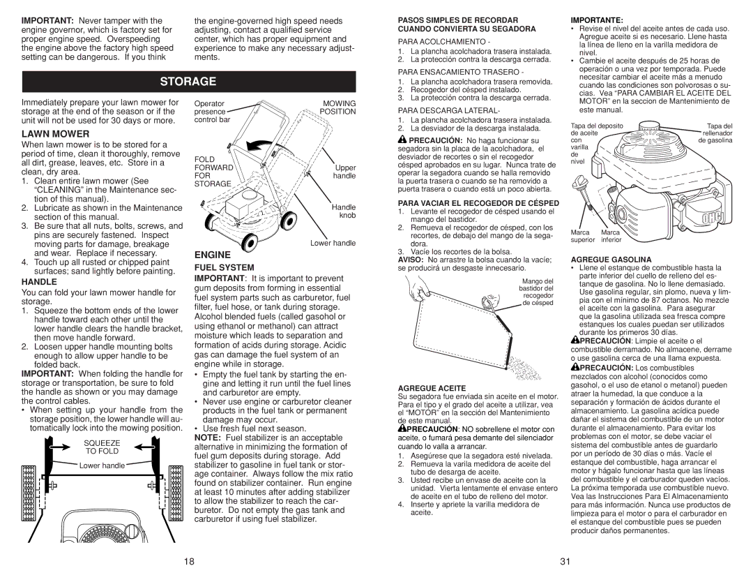 Husqvarna 917.384507 owner manual Storage, Setting can be dangerous. If you think Ments, Handle, Fuel System 