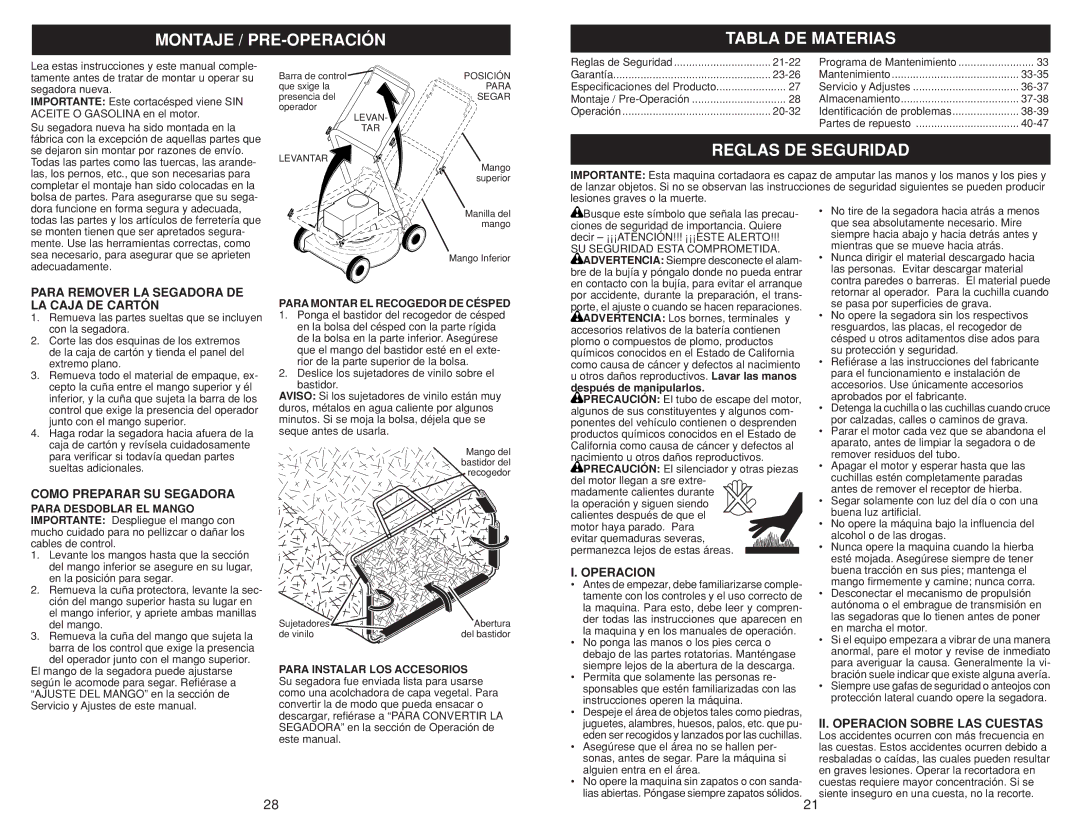 Husqvarna 917.384507 owner manual Montaje / PRE-OPERACIÓN Tabla DE Materias, Reglas DE Seguridad 