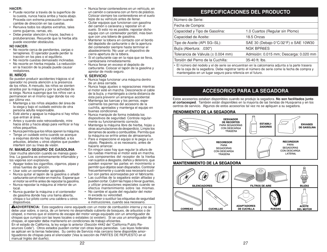 Husqvarna 917.384507 Especificaciones DEL Producto, Accesorios Para LA Segadora, III. Niños, IV. Manejo Seguro DE Gasolina 