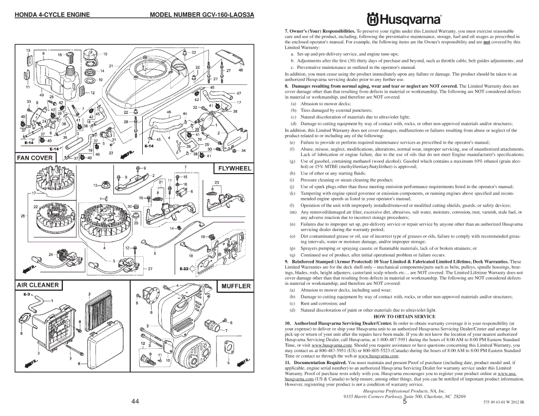 Husqvarna 917.384507 owner manual HOW to Obtain Service 