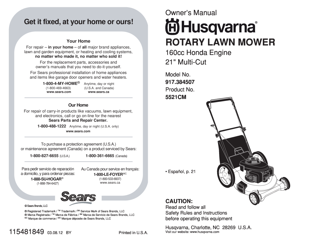 Husqvarna 917.384507 owner manual Rotary Lawn Mower, Get it fixed, at your home or ours, 160cc Honda Engine 21 Multi-Cut 