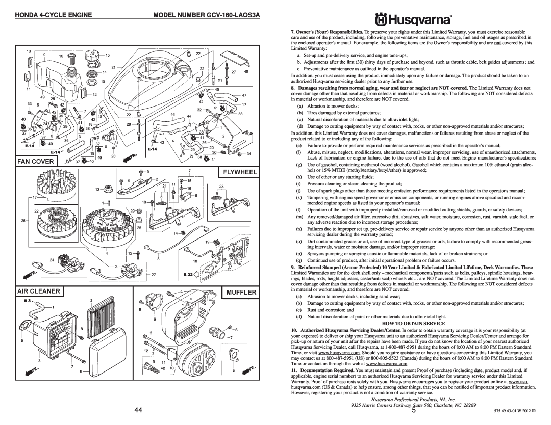 Husqvarna 917.384507 owner manual HONDA 4-CYCLE ENGINE, MODEL NUMBER GCV-160-LAOS3A, How To Obtain Service 