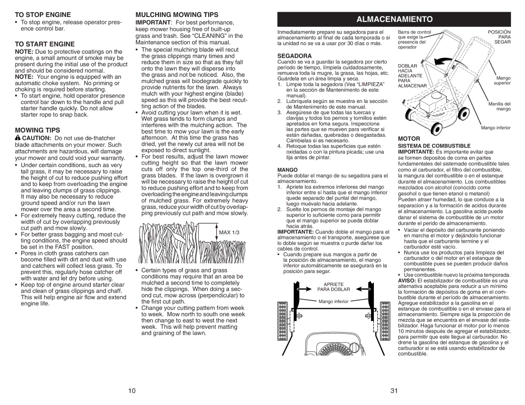 Husqvarna 917.38451 owner manual Almacenamiento, To Stop Engine, Mulching Mowing Tips, To Start Engine 