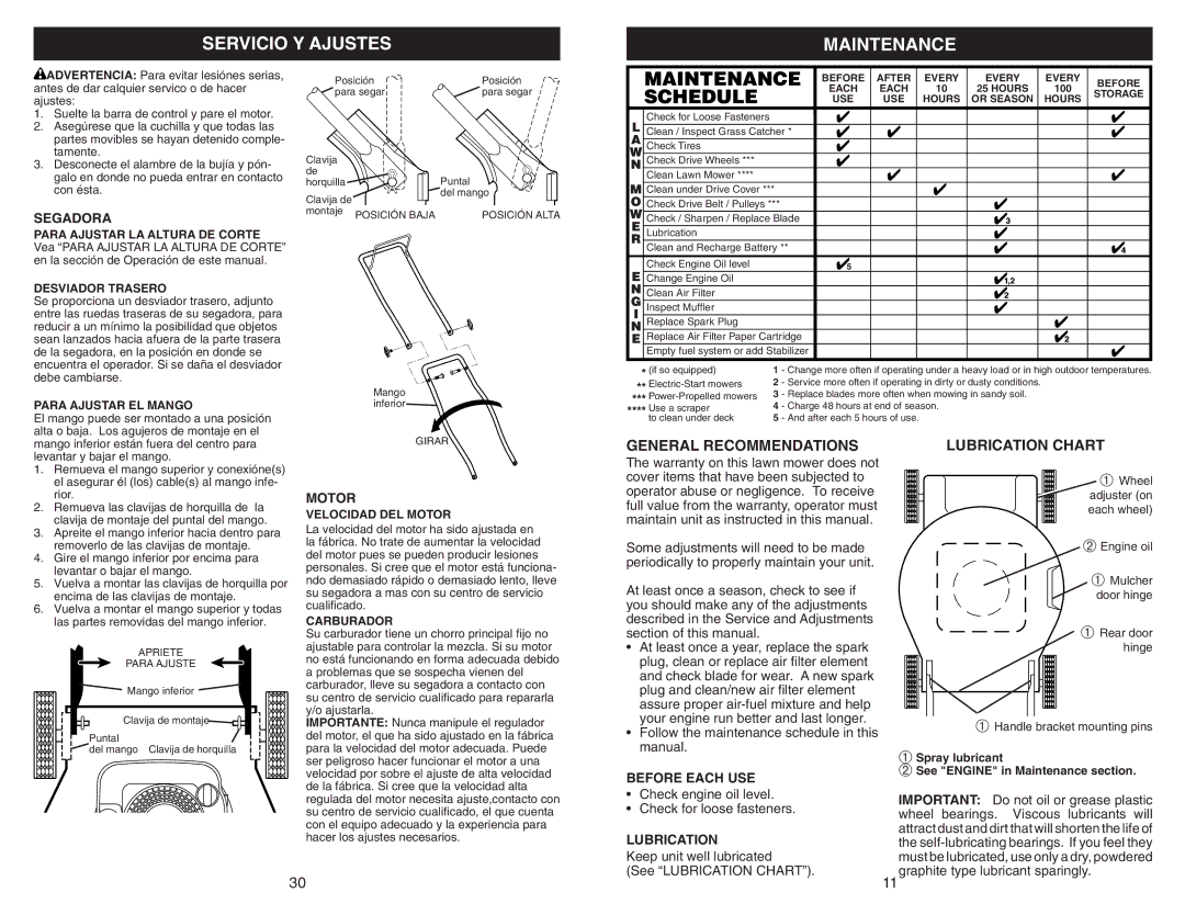 Husqvarna 917.38451 owner manual Servicio Y Ajustes Maintenance, General Recommendations Lubrication Chart, Before Each USE 