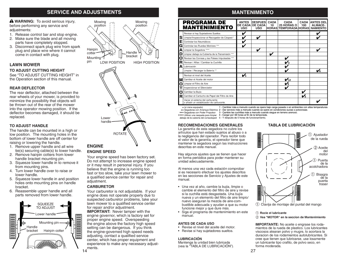 Husqvarna 917.38451 owner manual Service and Adjustments Mantenimento 