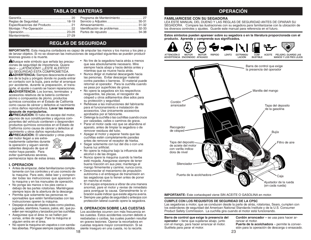 Husqvarna 917.38451 owner manual Tabla DE Materias, Reglas DE Seguridad, Operación 