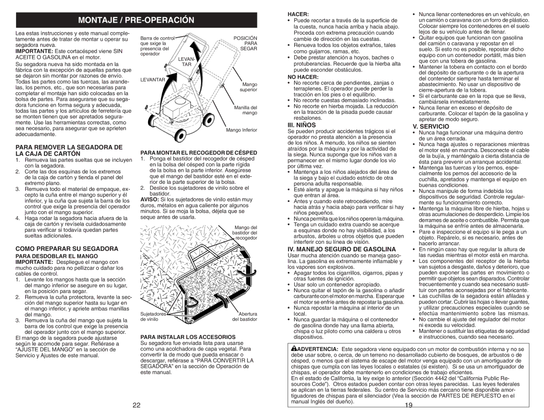 Husqvarna 917.38451 owner manual Montaje / PRE-OPERACIÓN 