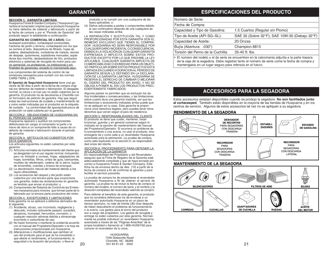 Husqvarna 917.38451 owner manual Garantía Especificaciones DEL Producto, Accesorios Para LA Segadora 