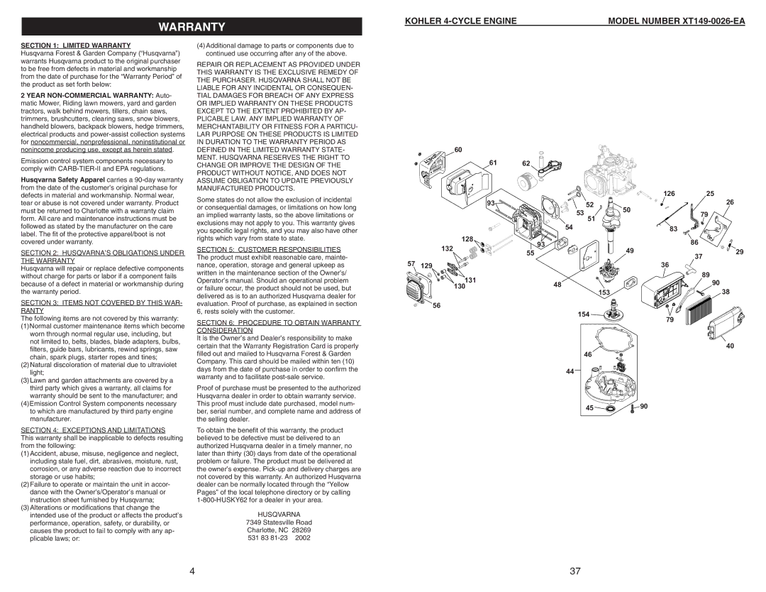 Husqvarna 917.38451 owner manual Limited Warranty 