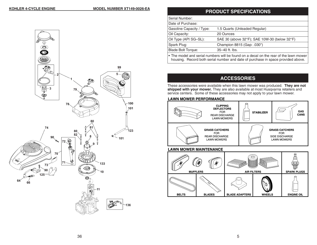 Husqvarna 917.38451 owner manual Product Specifications, Accessories, Serial Number Date of Purchase 