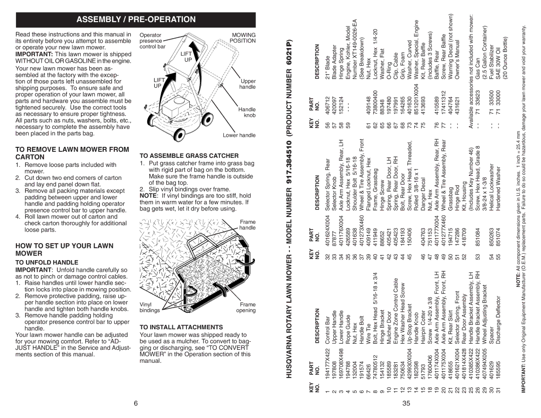 Husqvarna 917.38451 owner manual Assembly / PRE-OPERATION, To Remove Lawn Mower from Carton, HOW to SET UP Your Lawn Mower 