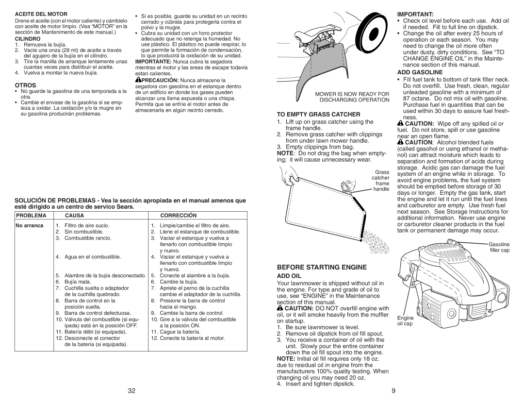 Husqvarna 917.38451 owner manual Before Starting Engine, Otros, To Empty Grass Catcher, ADD Gasoline, Add Oil 