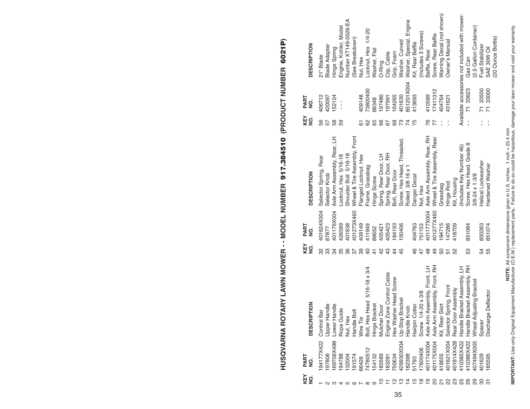 Husqvarna 917.38451 owner manual KEY Part Description 