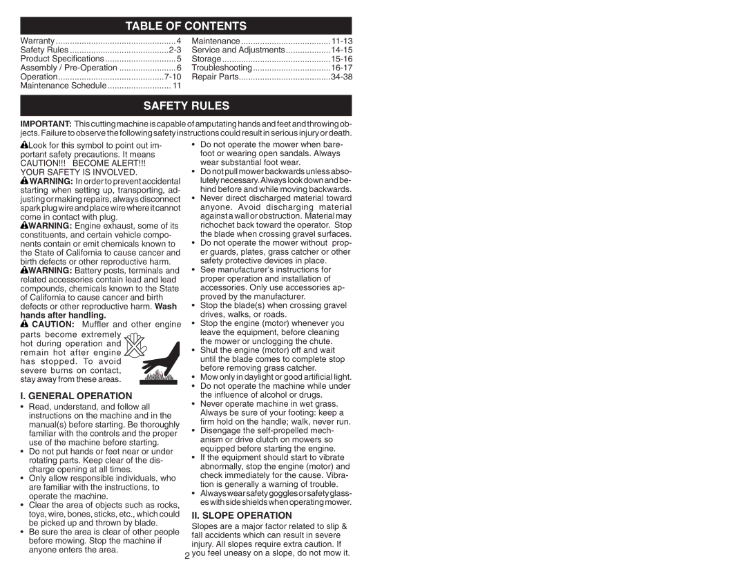 Husqvarna 917.38451 owner manual Table of Contents, Safety Rules 