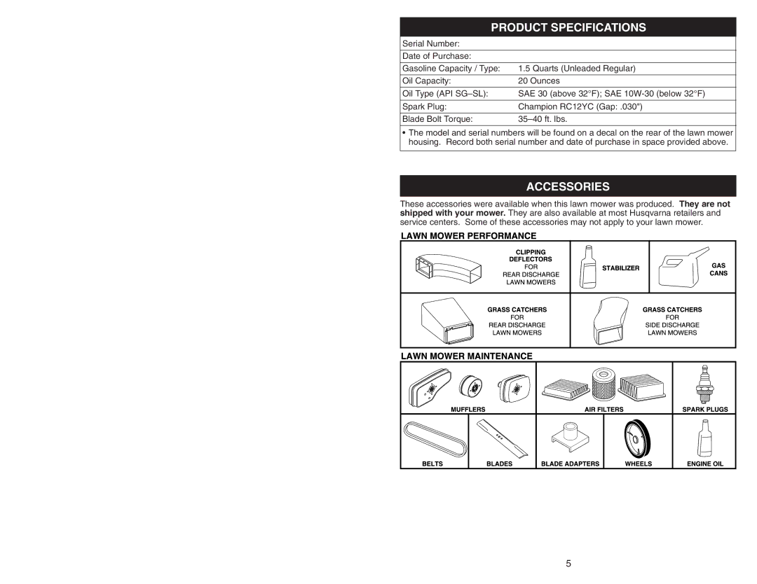 Husqvarna 917.38451 owner manual Product Specifications, Accessories 