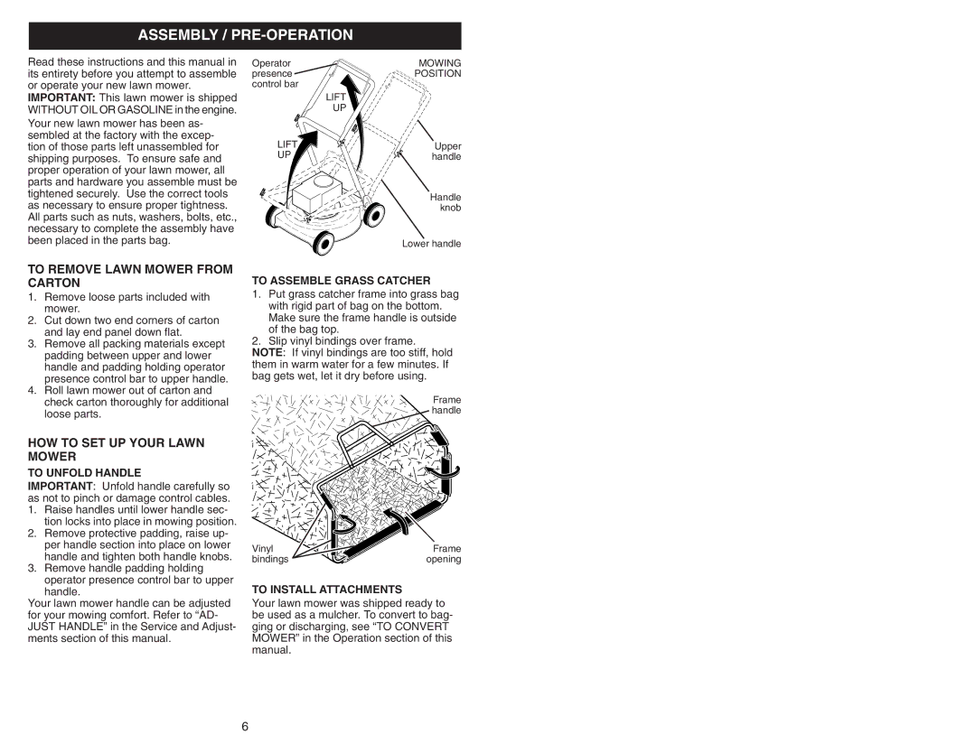 Husqvarna 917.38451 owner manual Assembly / PRE-OPERATION, To Remove Lawn Mower from Carton, HOW to SET UP Your Lawn Mower 