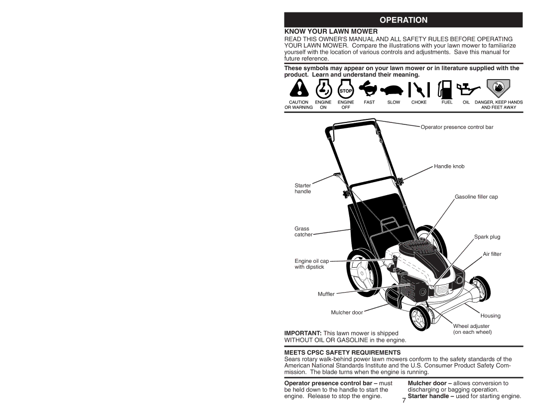 Husqvarna 917.38451 owner manual Operation, Know Your Lawn Mower, Meets Cpsc Safety Requirements 