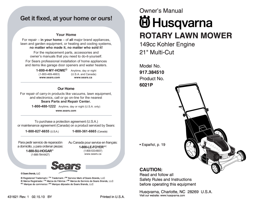 Husqvarna owner manual 917.384510, 6021P, Rotary Lawn Mower, 149cc Kohler Engine 21 Multi-Cut, Model No, Product No 
