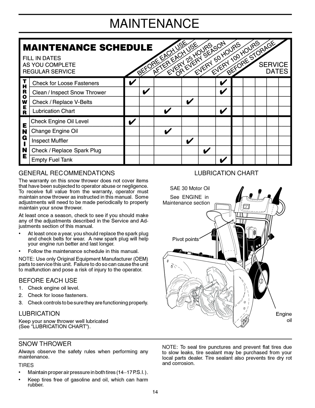 Husqvarna 924HV/96193007000 warranty Maintenance, General Recommendations, Before Each USE, Lubrication, Snow Thrower 