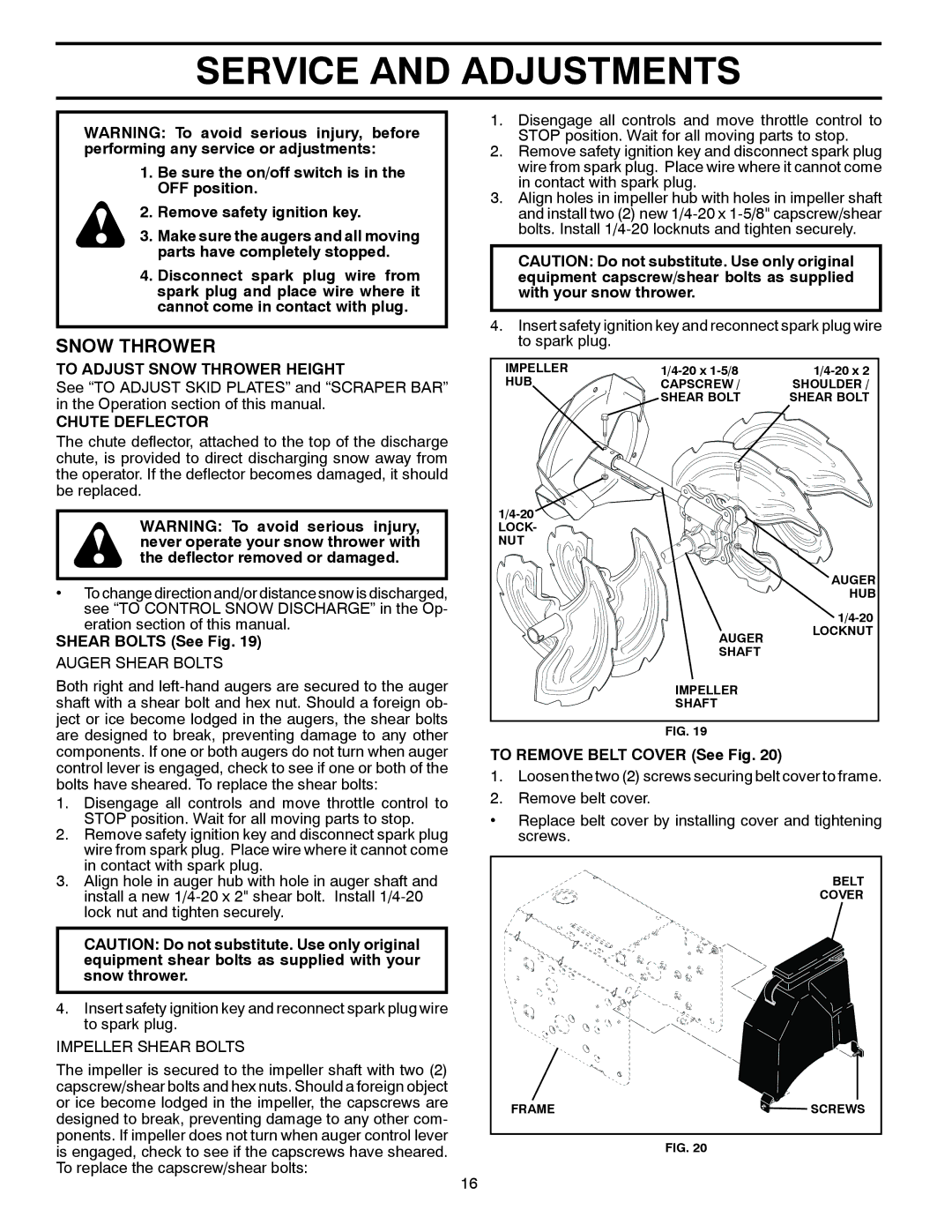 Husqvarna 924HV/96193007000 Service and Adjustments, To Adjust Snow Thrower Height, Chute Deflector, Shear Bolts See Fig 