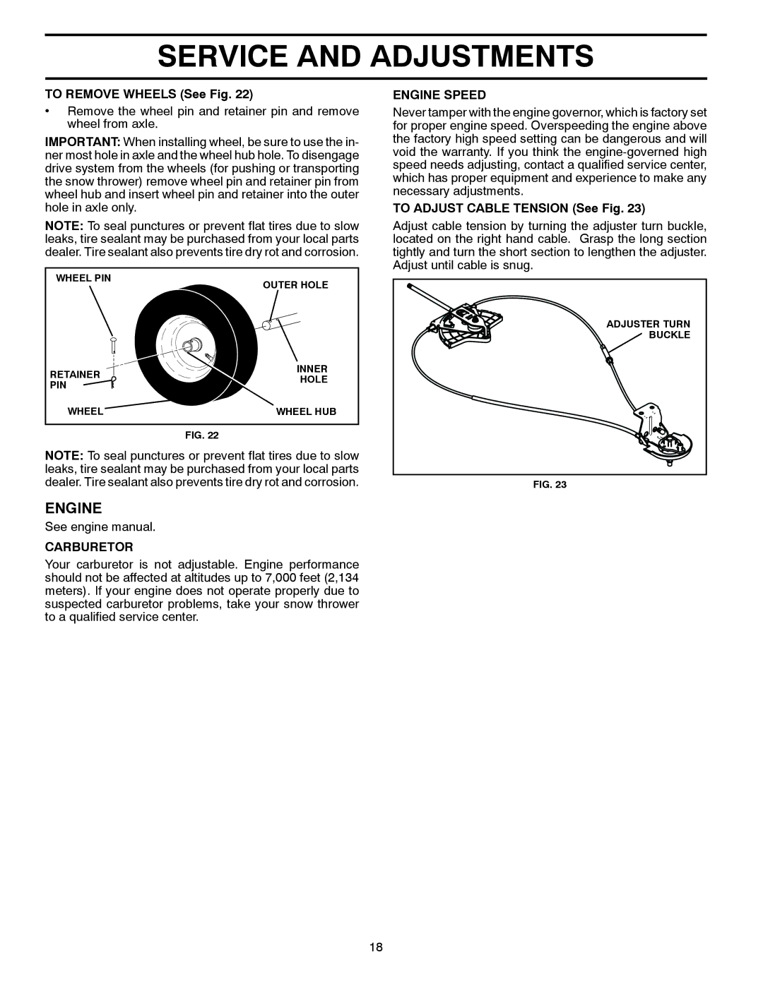 Husqvarna 924HV/96193007000 warranty To Remove Wheels See Fig, Carburetor, Engine Speed, To Adjust Cable Tension See Fig 