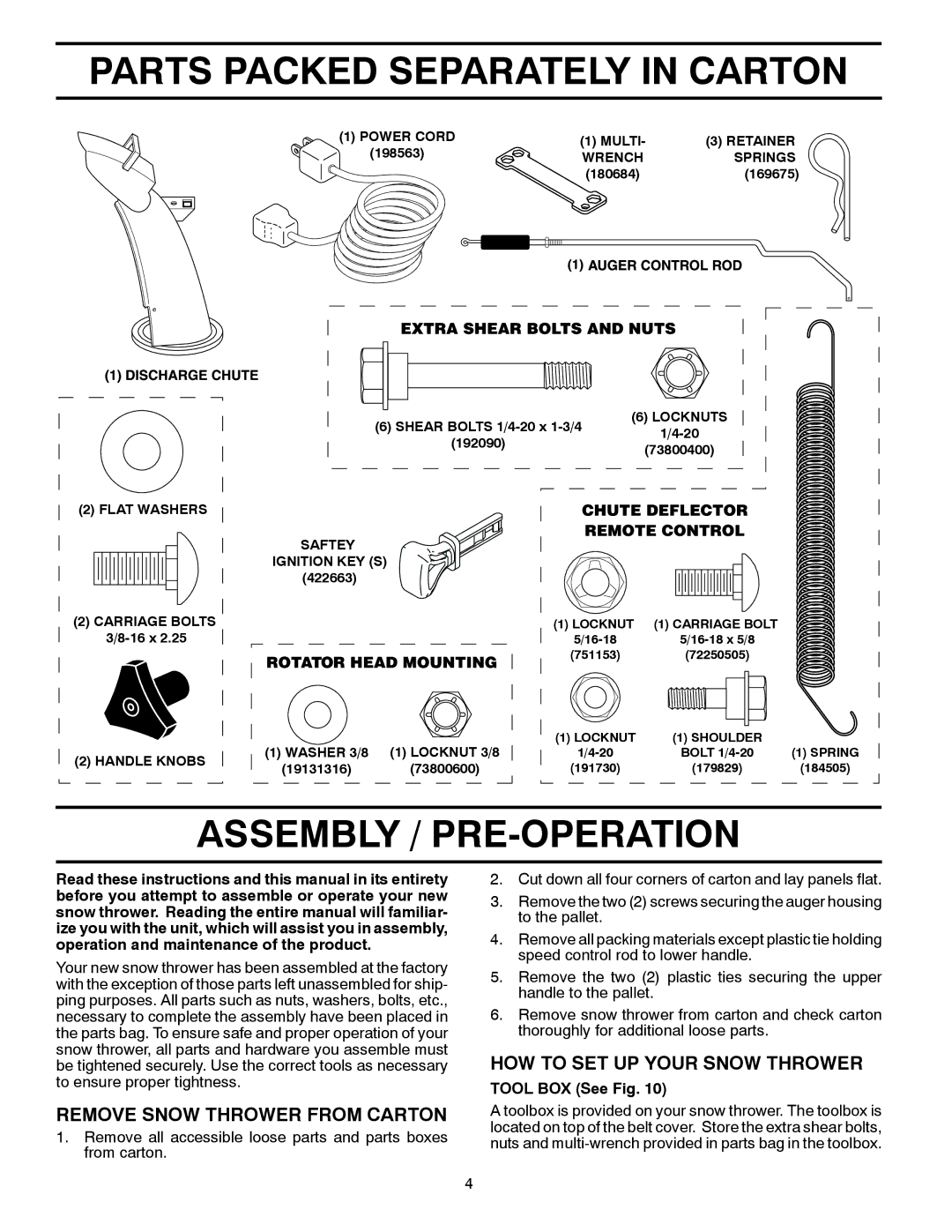 Husqvarna 924HV/96193007000 Parts Packed Separately in Carton, Assembly / PRE-OPERATION, Remove Snow Thrower from Carton 