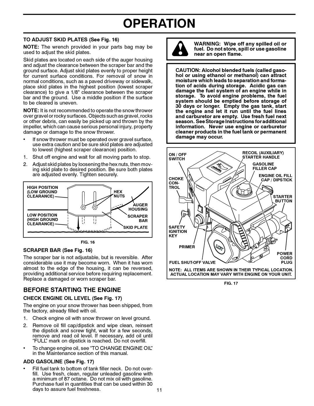 Husqvarna 96193004500 Before Starting the Engine, To Adjust Skid Plates See Fig, Scraper BAR See Fig, ADD Gasoline See Fig 