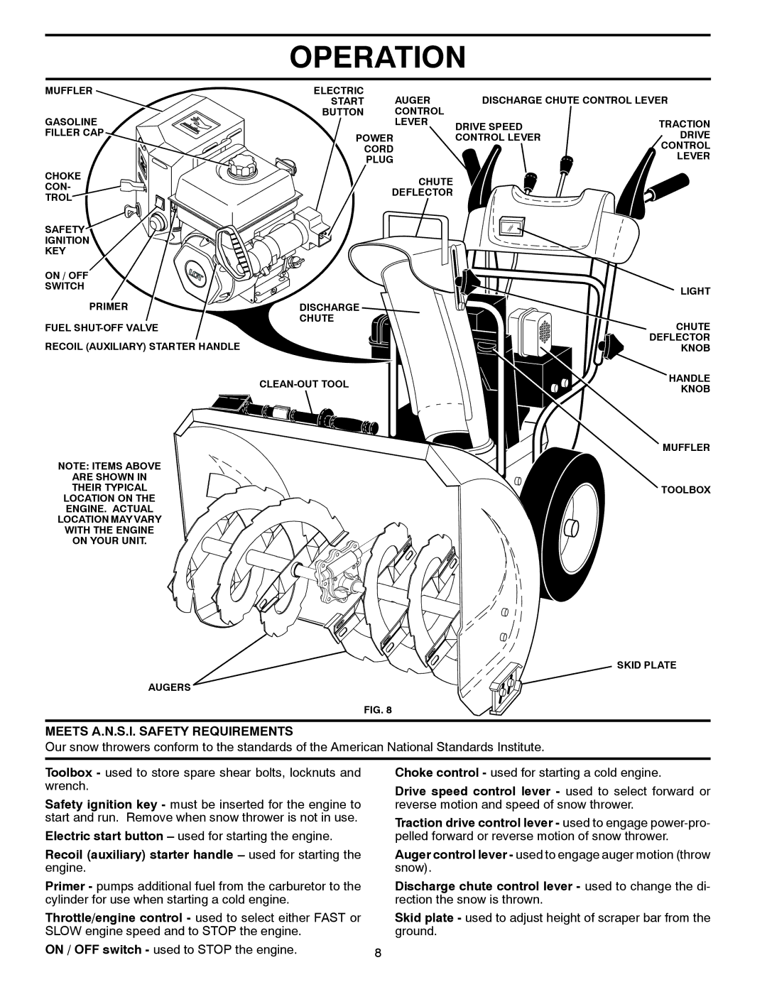 Husqvarna 924SB manual Meets A.N.S.I. Safety Requirements, Recoil auxiliary starter handle used for starting the engine 