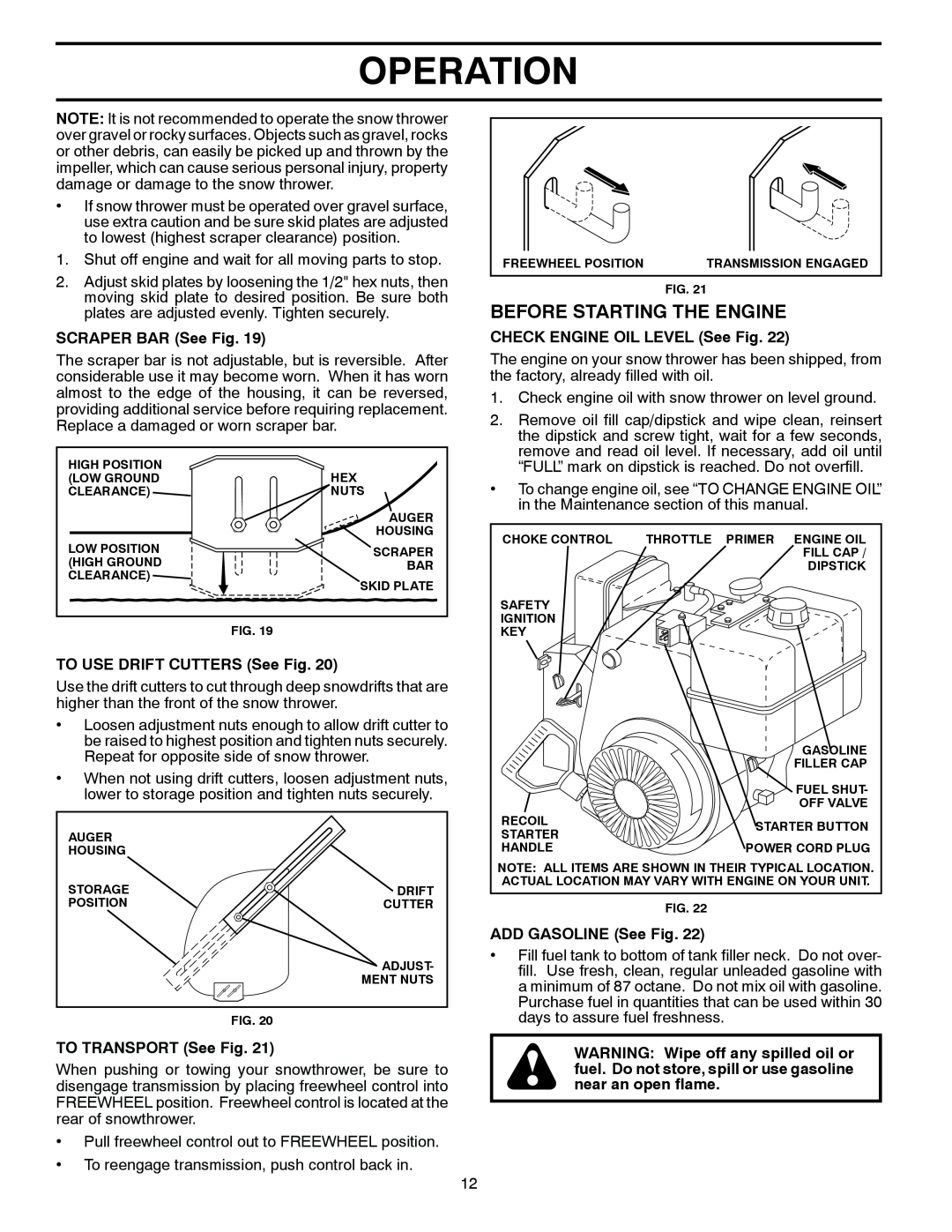 Husqvarna 924SB-XLS owner manual Before Starting The Engine, Operation, SCRAPER BAR See Fig, CHECK ENGINE OIL LEVEL See Fig 